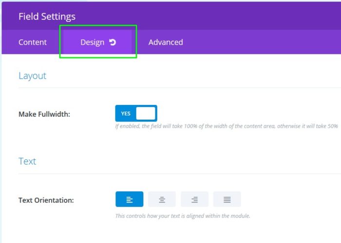 Field Settings Design Tab