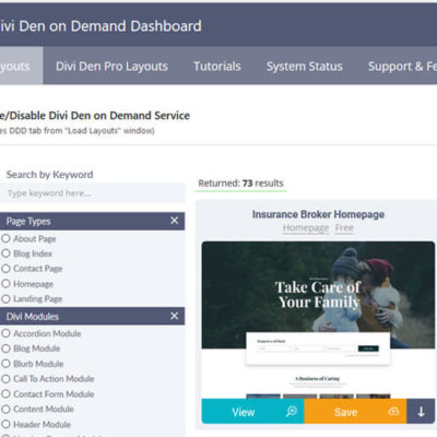 View of the Free Divi Layout Library by Divi Den