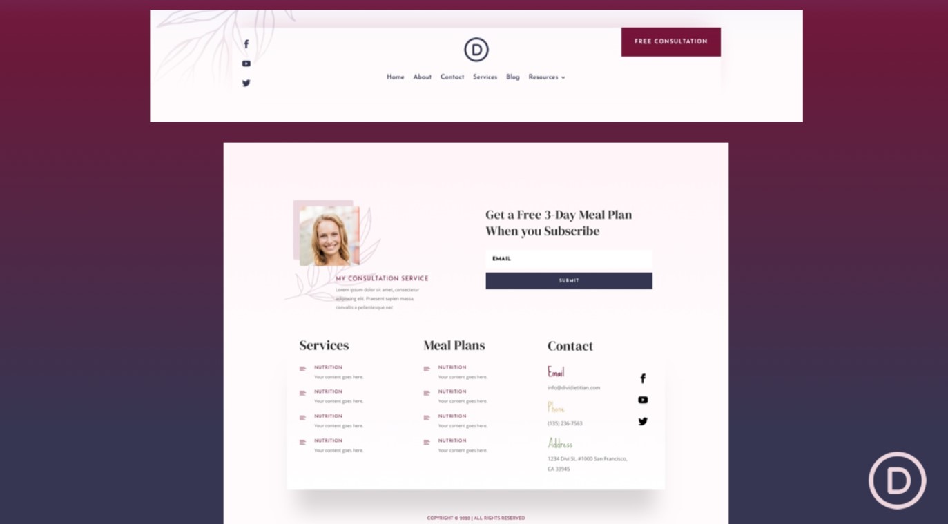 Free Divi Header Footer templates for Dietitian Layout Pack Divi Den