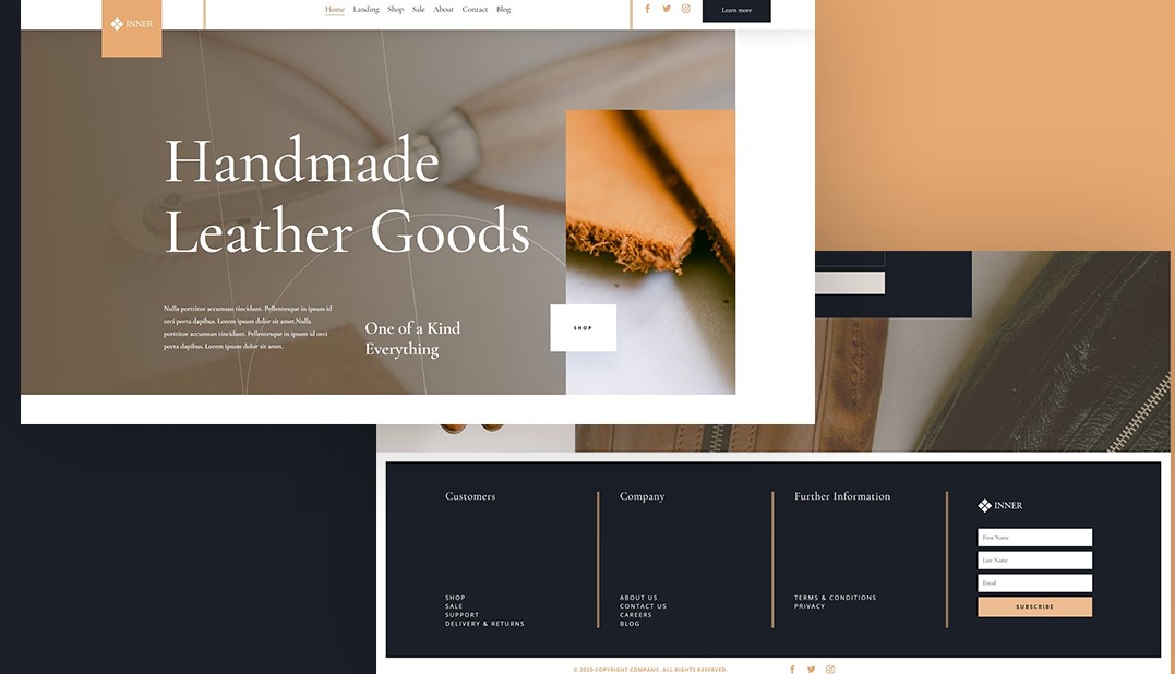 Free Divi Header & Footer templates for Leather Company Layout Pack