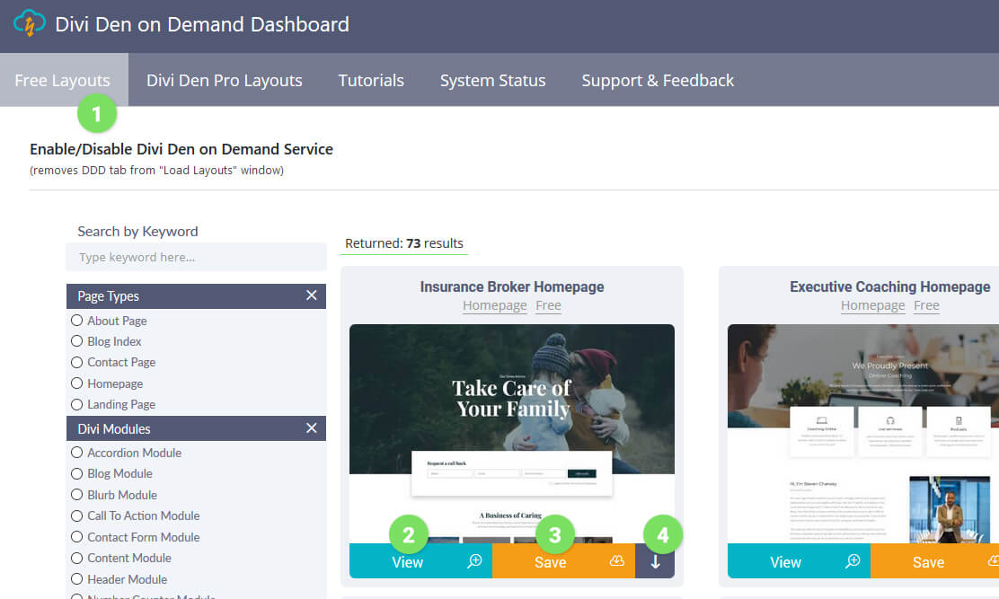 View from the Layout Finder in the Divi Den On Demand DDD Plugin