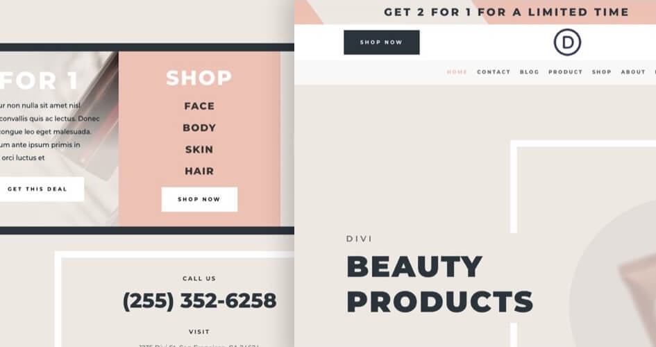 Free Divi Header & Footer Templates for Beauty Product Layout Pack