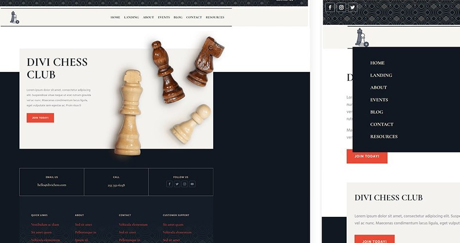 Free Divi Header & Footer Templates for Chess Club Layout Pack