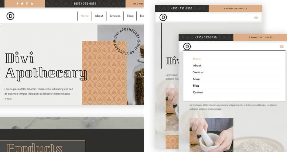Free Divi Header Footer Templates for Apothecary Layout Pack