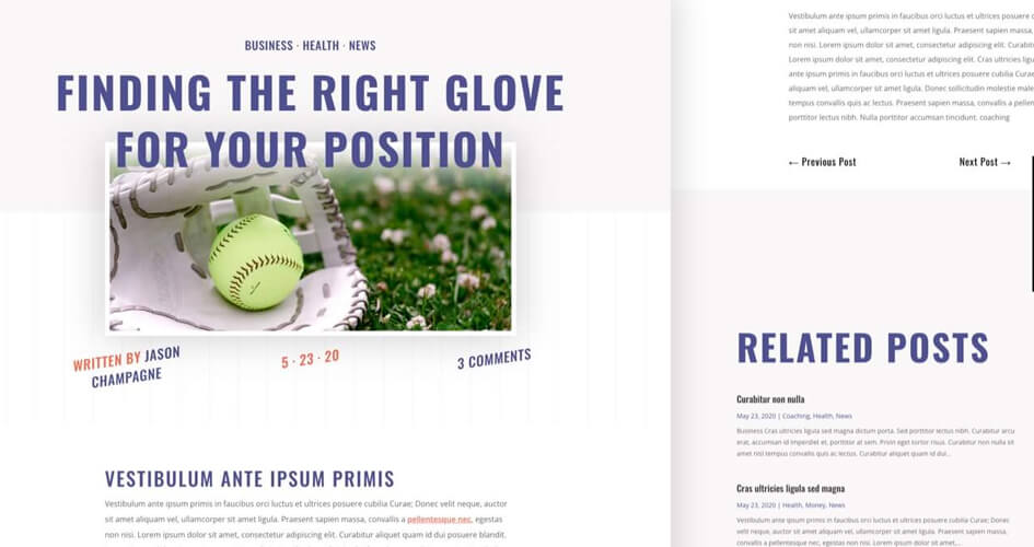 Free Divi Blog Post Template for the Softball League Layout Pack