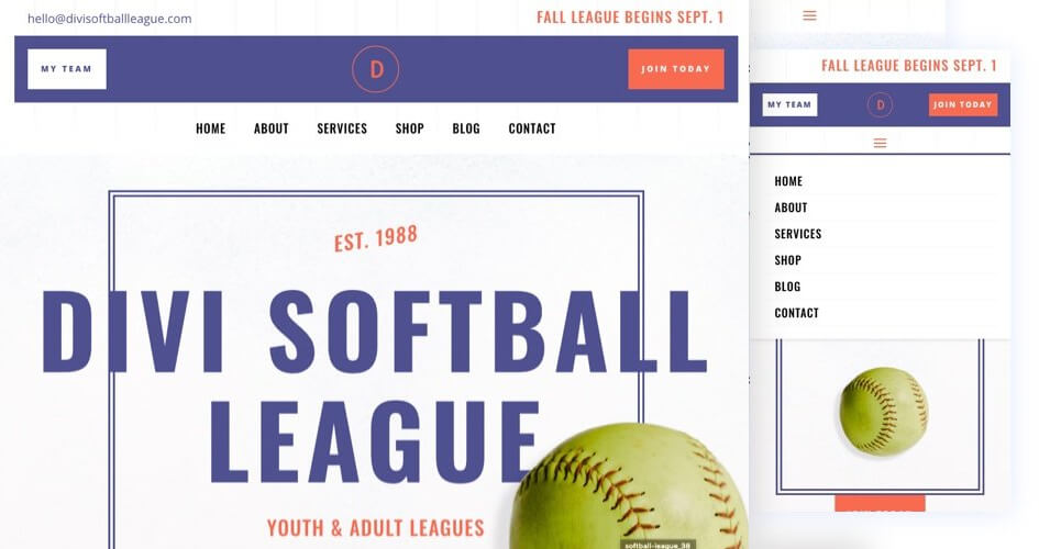 Free Divi Header & Footer Templates for the Softball League Layout Pack