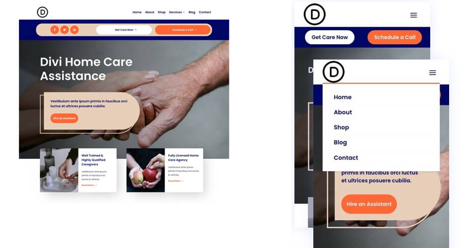 Free Divi Header & Footer Templates for the Home Care Layout Pack