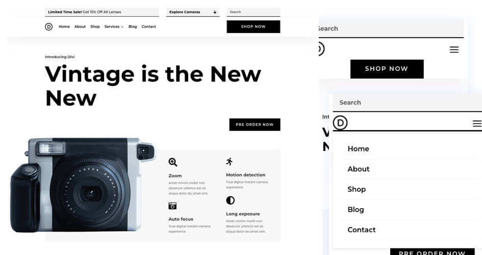 Free Divi Header & Footer Templates for the Camera Product Layout Pack