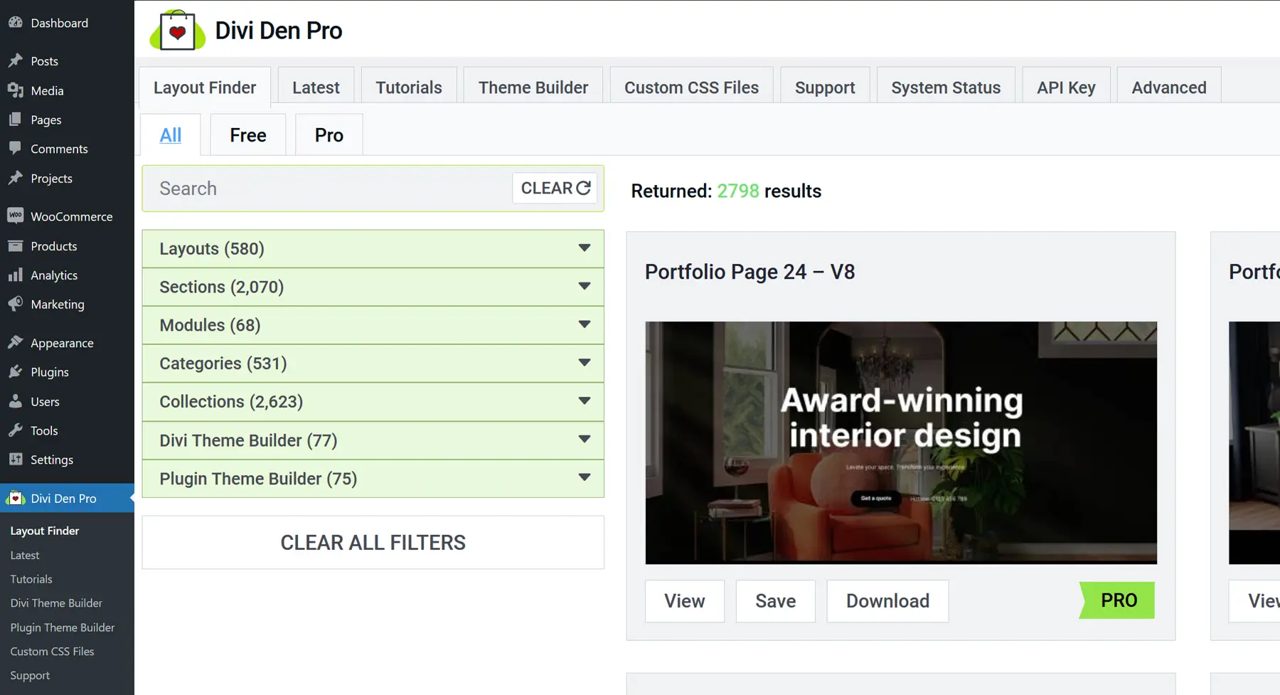 View of the Divi Den Pro Layout Finder from the Plugin Dashboard