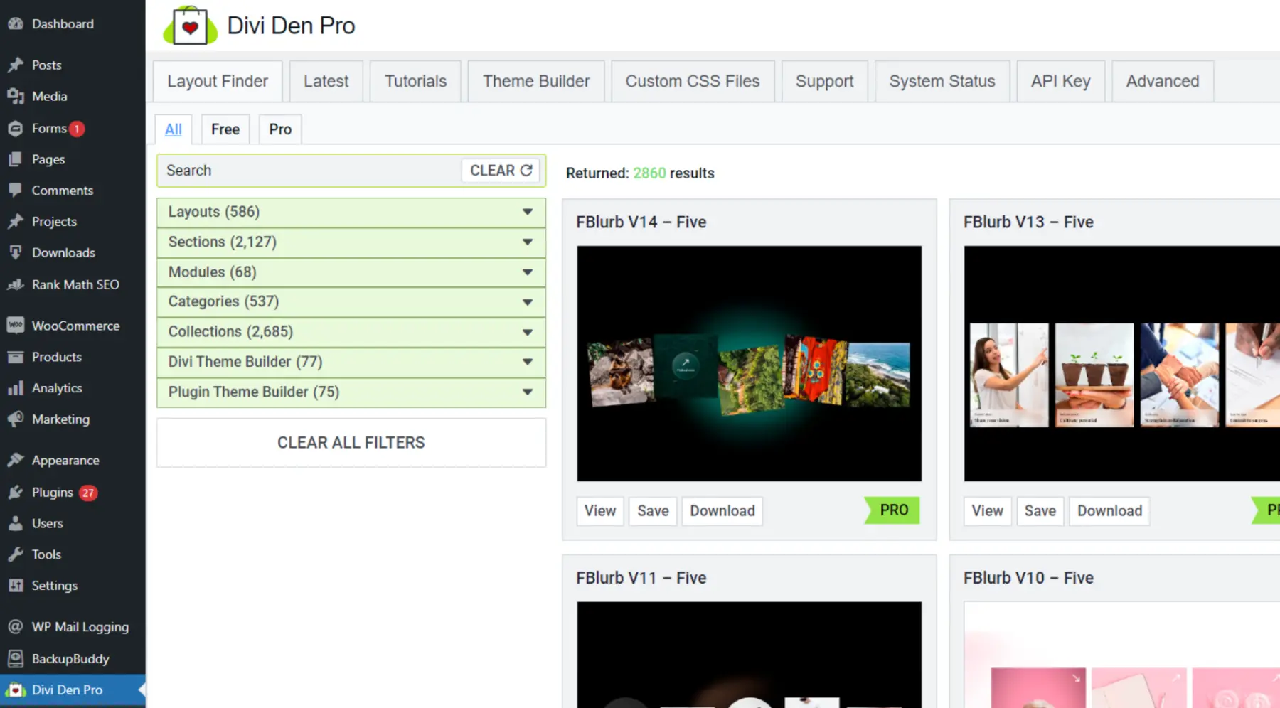 View of the Divi Den Pro Layout Finder from the Plugin Dashboard