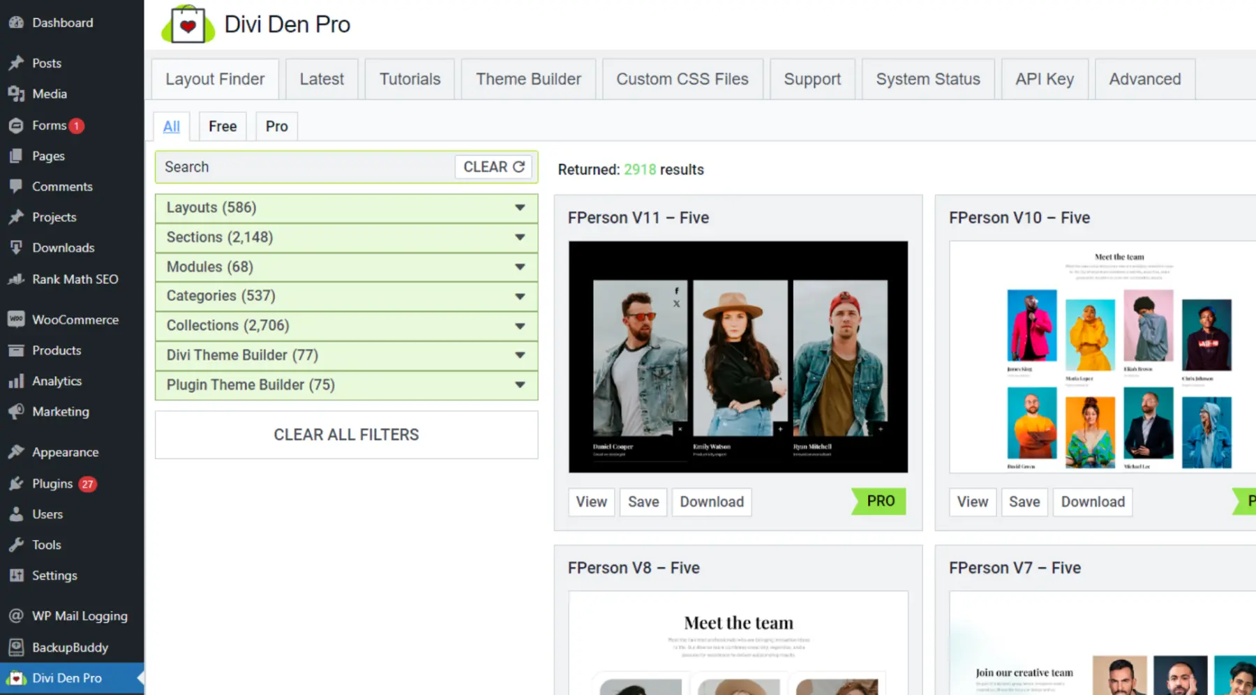 View of the Divi Den Pro Layout Finder from the Plugin Dashboard