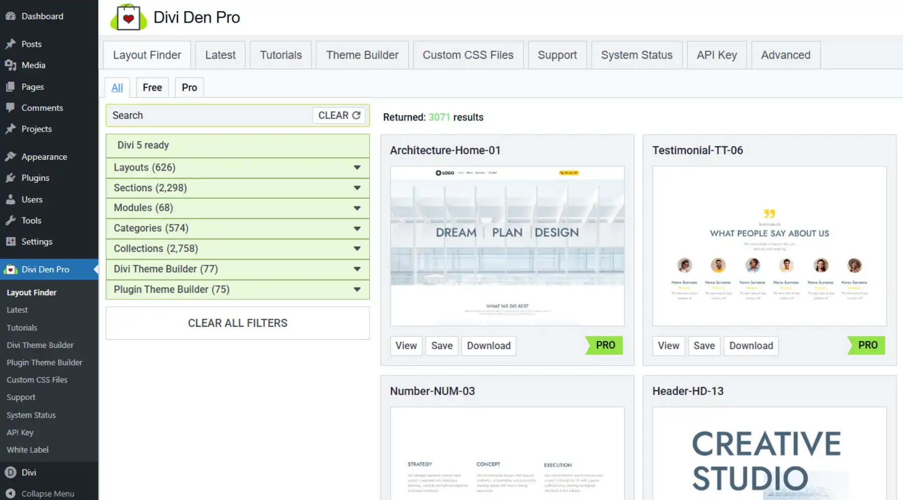 View of the Divi Den Pro Layout Finder from the Plugin Dashboard