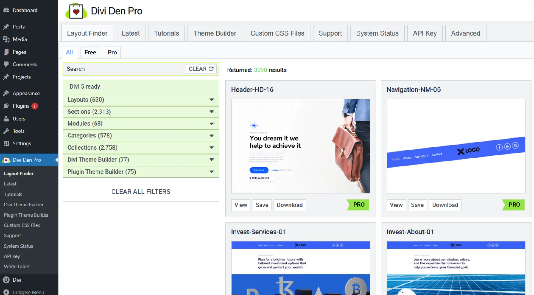 View of the Divi Den Pro Layout Finder from the Plugin Dashboard View of the Divi Den Pro Layout Finder from the Plugin Dashboard